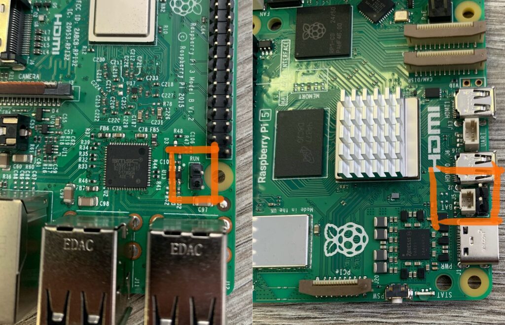 A Raspberry Pi 3B next to a Raspberry Pi 5